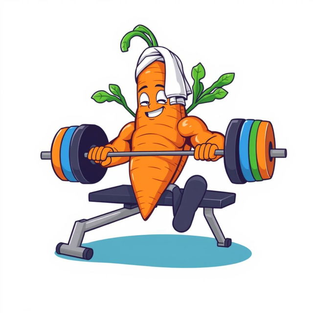 A humorous t-shirt design featuring a large, muscular carrot lounging on a weight bench, lifting a barbell loaded with colorful weight plates