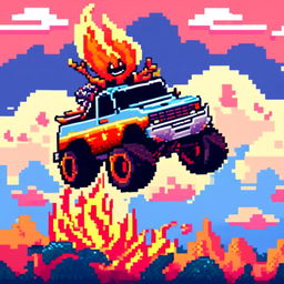 Pixel art profile picture featuring a flame-themed monster truck against a gradient blue sky.