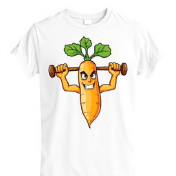 Una camiseta blanca con un diseño en el frente que presenta una zanahoria con una expresión determinada, sosteniendo una barra de pesas en alto