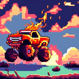 Pixel art profile picture featuring a flame-themed monster truck against a gradient blue sky.