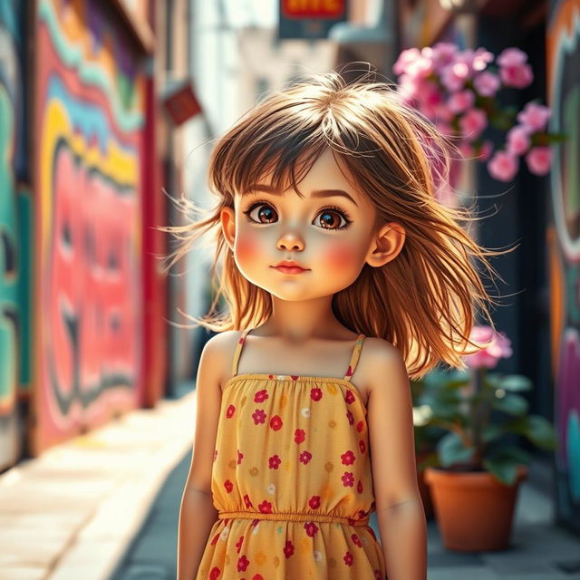 A short girl with a playful pout, standing in a vibrant urban setting, wearing a stylish summer dress