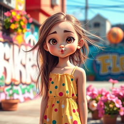 A short girl with a playful pout, standing in a vibrant urban setting, wearing a stylish summer dress