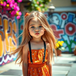 A short girl with a playful pout, standing in a vibrant urban setting, wearing a stylish summer dress