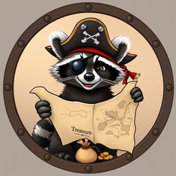 A mischievous raccoon wearing a pirate hat, with an eye patch and a playful expression, holds an unfolded treasure map
