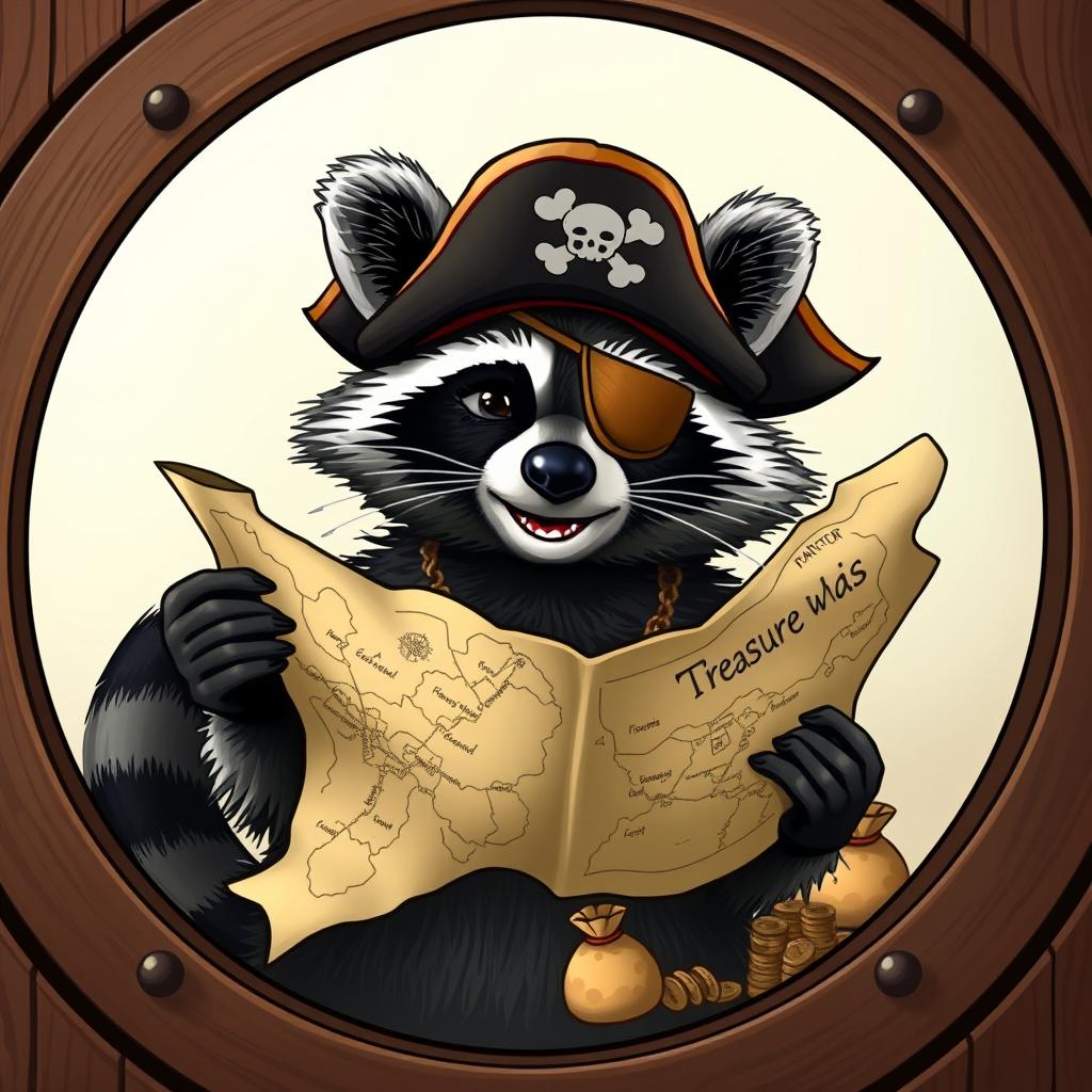 A mischievous raccoon wearing a pirate hat, with an eye patch and a playful expression, holds an unfolded treasure map