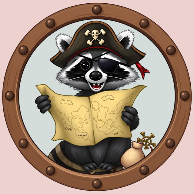 A mischievous raccoon wearing a pirate hat, with an eye patch and a playful expression, holds an unfolded treasure map