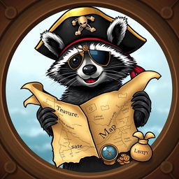 A mischievous raccoon wearing a pirate hat, with an eye patch and a playful expression, holds an unfolded treasure map