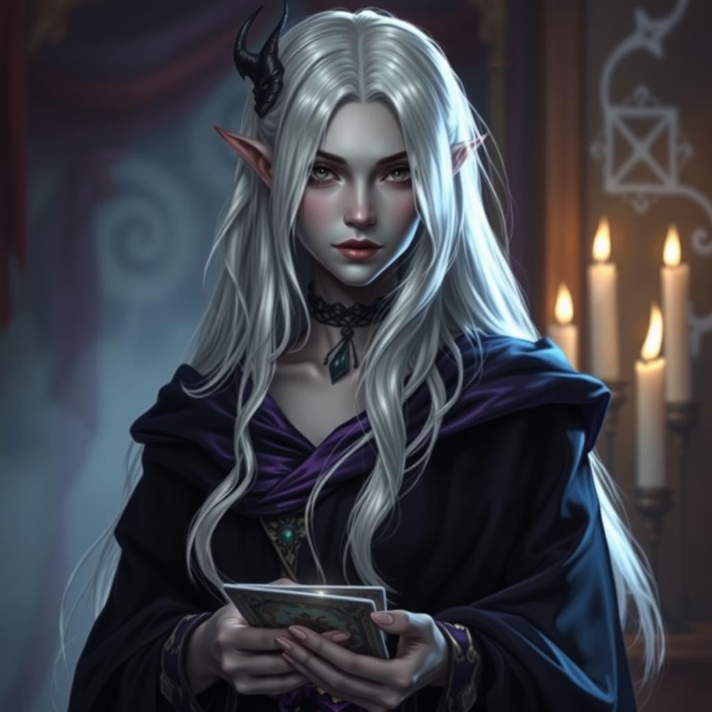 A female Half-Drow fortune teller with ashen-gray skin and long, silvery-white hair, draped in a striking black and purple cape that flows elegantly