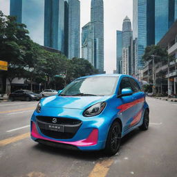 A high-tech Malaysian car incorporating modern design, smart technology, and painted in a vibrant color