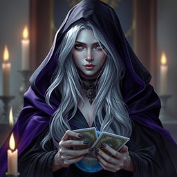 A female Half-Drow fortune teller with ashen-gray skin and long, silvery-white hair, draped in a striking black and purple cape that flows elegantly