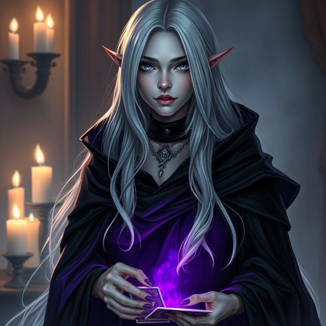 A female Half-Drow fortune teller with ashen-gray skin and long, silvery-white hair, draped in a striking black and purple cape that flows elegantly