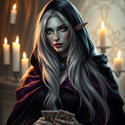 A female Half-Drow fortune teller with ashen-gray skin and long, silvery-white hair, draped in a striking black and purple cape that flows elegantly
