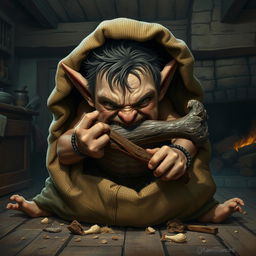 An angry Halfling with a furrowed brow and a snarling expression, seated inside a large, tattered burlap sack