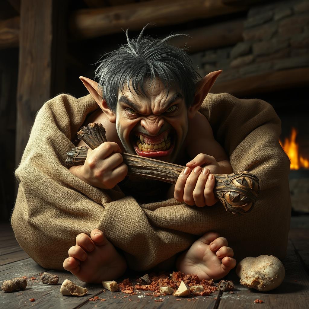 An angry Halfling with a furrowed brow and a snarling expression, seated inside a large, tattered burlap sack