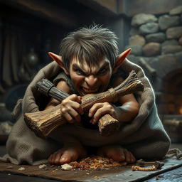 An angry Halfling with a furrowed brow and a snarling expression, seated inside a large, tattered burlap sack