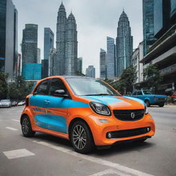 A high-tech Malaysian car incorporating modern design, smart technology, and painted in a vibrant color