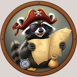 A raccoon wearing a pirate hat, an eye patch, and a mischievous expression, holding an unfolded treasure map