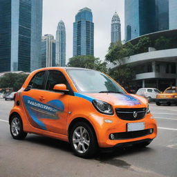 A high-tech Malaysian car incorporating modern design, smart technology, and painted in a vibrant color