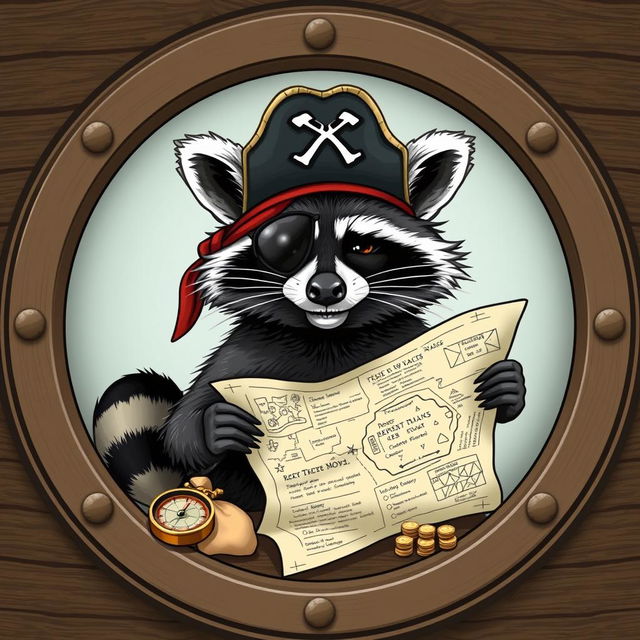 A raccoon wearing a pirate hat, an eye patch, and a mischievous expression, holding an unfolded treasure map