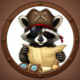 A raccoon wearing a pirate hat, an eye patch, and a mischievous expression, holding an unfolded treasure map