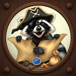 A raccoon wearing a pirate hat, an eye patch, and a mischievous expression, holding an unfolded treasure map