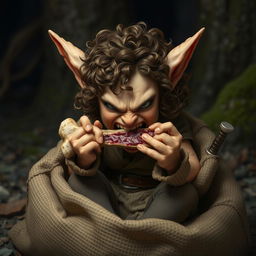 An angry female Halfling with wild curly hair and expressive facial features, sitting inside a burlap sack, fiercely gnawing on a juicy bone