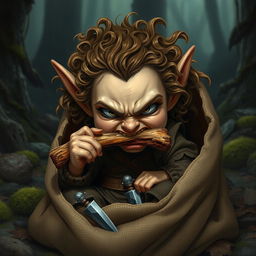 An angry female Halfling with wild curly hair and expressive facial features, sitting inside a burlap sack, fiercely gnawing on a juicy bone