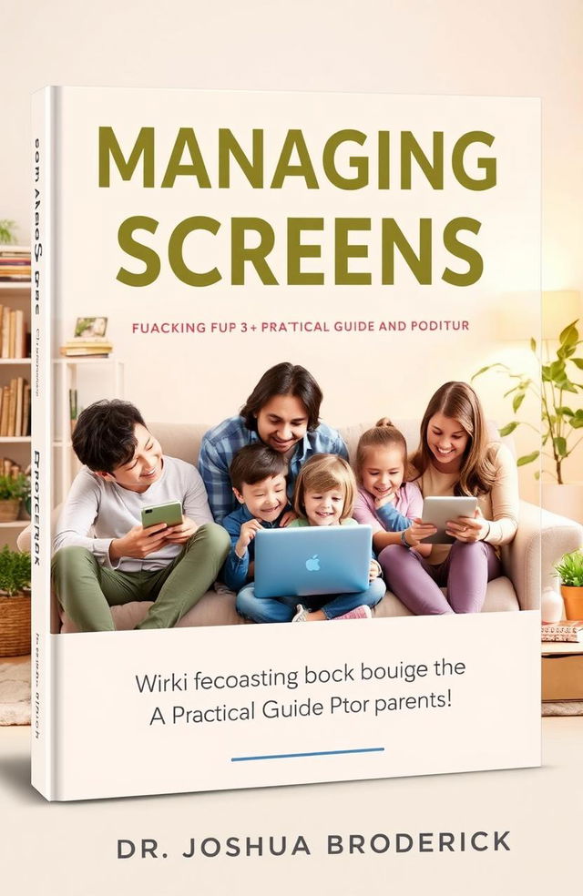 A visually engaging book cover design for 'Managing Screens: A Practical Guide for Parents' by Dr