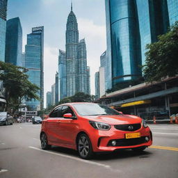 A high-tech Malaysian car incorporating modern design, smart technology, and painted in a vibrant color