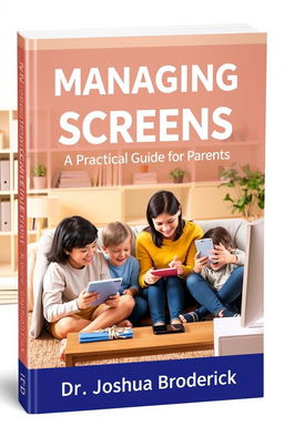 A visually engaging book cover design for 'Managing Screens: A Practical Guide for Parents' by Dr