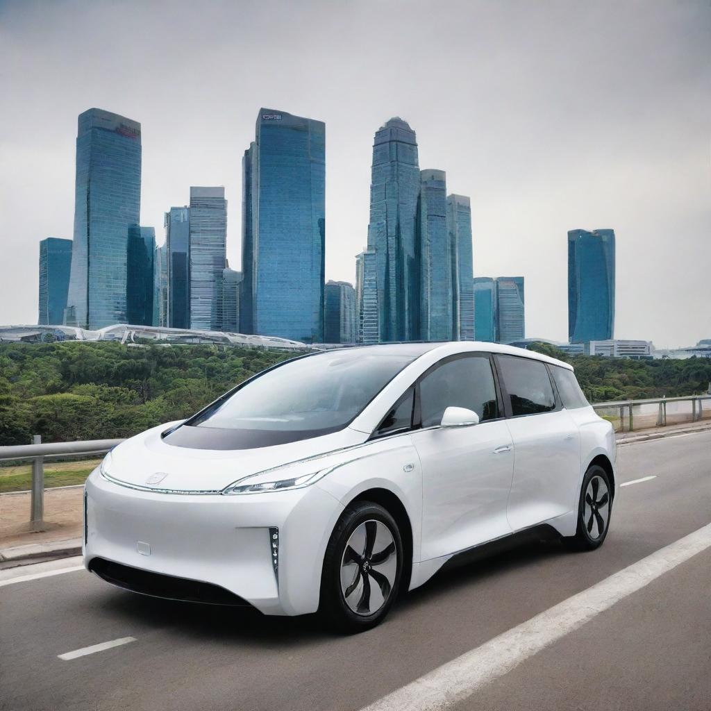 A futuristic Singaporean electric vehicle, reflecting the city-state's cutting-edge technology and high-end luxury, cruising effortlessly along Marina Bay Sands, with the stunning skyline and iconic landmarks like the 'Supertree Grove' in the backdrop