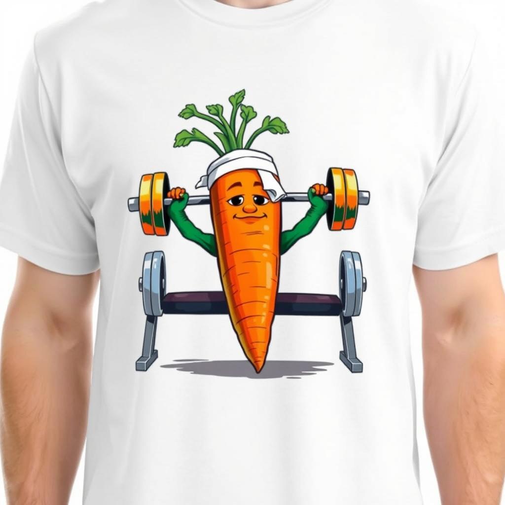 On the front of the T-shirt, a large carrot with strong, leafy "arms" is lying on a bench press, lifting a colorful barbell