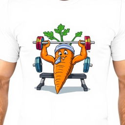 On the front of the T-shirt, a large carrot with strong, leafy "arms" is lying on a bench press, lifting a colorful barbell