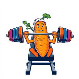 On the front of the T-shirt, a large carrot with strong, leafy "arms" is lying on a bench press, lifting a colorful barbell