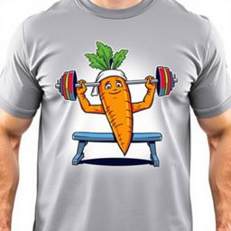 On the front of the T-shirt, a large carrot with strong, leafy "arms" is lying on a bench press, lifting a colorful barbell