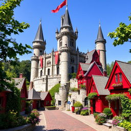 A majestic castle with tall towers and intricate stonework, surrounded by vibrant red houses