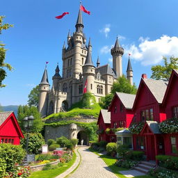 A majestic castle with tall towers and intricate stonework, surrounded by vibrant red houses