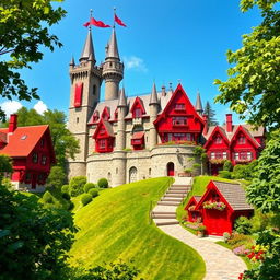 A majestic castle with tall towers and intricate stonework, surrounded by vibrant red houses