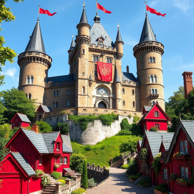 A majestic castle with tall towers and intricate stonework, surrounded by vibrant red houses