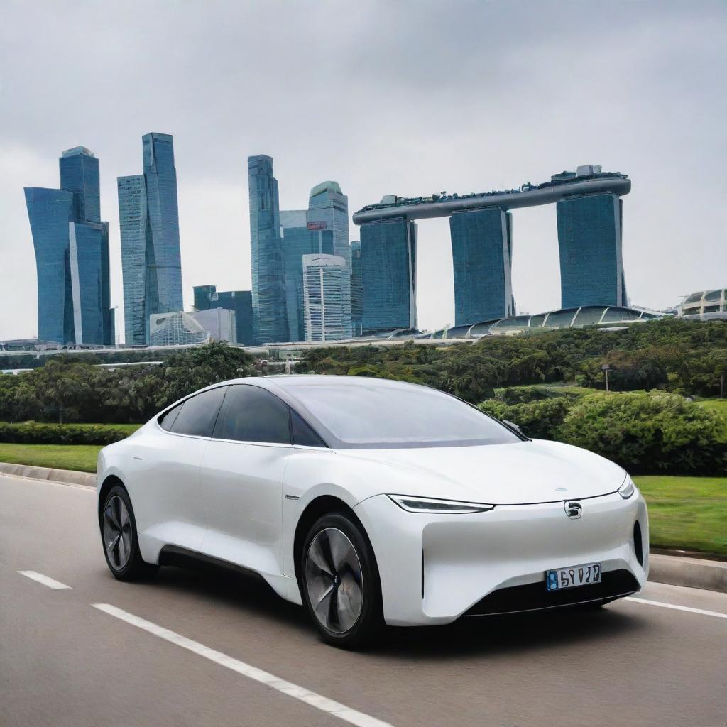 A futuristic Singaporean electric vehicle, reflecting the city-state's cutting-edge technology and high-end luxury, cruising effortlessly along Marina Bay Sands, with the stunning skyline and iconic landmarks like the 'Supertree Grove' in the backdrop