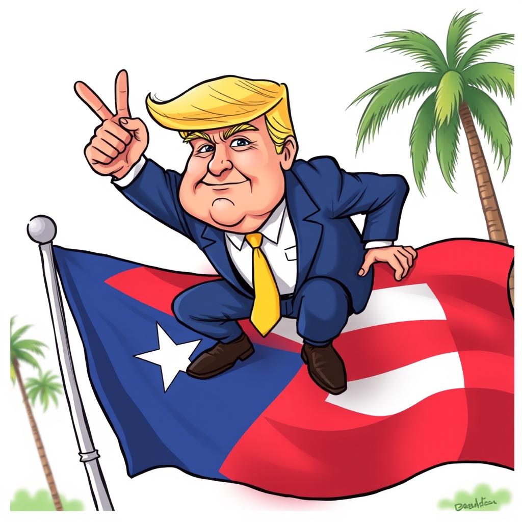 A satirical cartoon image depicting a character inspired by Donald Trump, with distinctive blond hair and wearing a suit, humorously squatting above a Puerto Rico flag