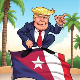 A satirical cartoon image depicting a character inspired by Donald Trump, with distinctive blond hair and wearing a suit, humorously squatting above a Puerto Rico flag