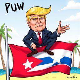 A satirical cartoon image depicting a character inspired by Donald Trump, with distinctive blond hair and wearing a suit, humorously squatting above a Puerto Rico flag