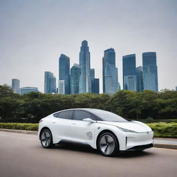 A futuristic Singaporean electric vehicle, reflecting the city-state's cutting-edge technology and high-end luxury, cruising effortlessly along Marina Bay Sands, with the stunning skyline and iconic landmarks like the 'Supertree Grove' in the backdrop