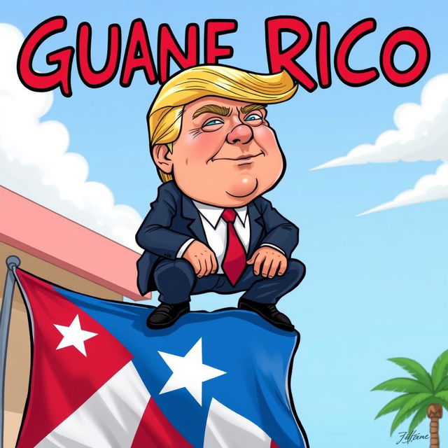 A satirical cartoon image depicting a character inspired by Donald Trump, with distinctive blond hair and wearing a suit, humorously squatting above a Puerto Rico flag