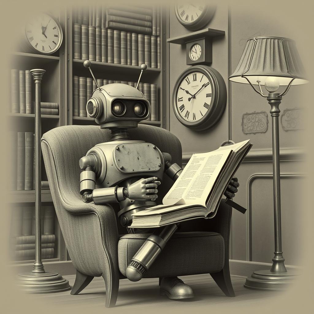 A 1960s-style robot with antennas and a slightly worn metallic body, sitting comfortably in a cozy reading chair, holding a large book
