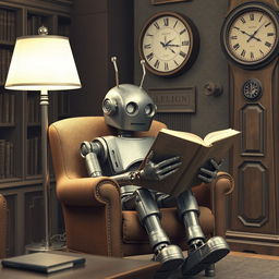A 1960s-style robot with antennas and a slightly worn metallic body, sitting comfortably in a cozy reading chair, holding a large book