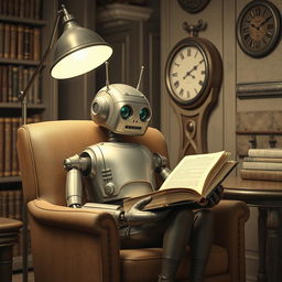 A 1960s-style robot with antennas and a slightly worn metallic body, sitting comfortably in a cozy reading chair, holding a large book