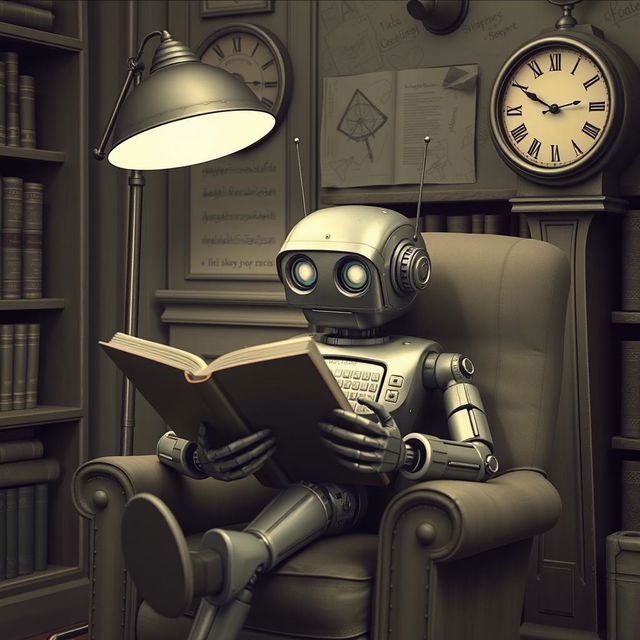 A 1960s-style robot with antennas and a slightly worn metallic body, sitting comfortably in a cozy reading chair, holding a large book