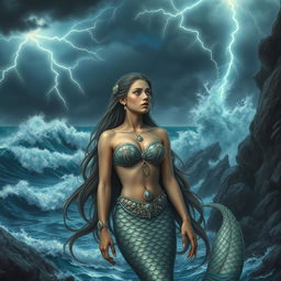 A captivating scene featuring a beautiful siren with long flowing hair, gazing thoughtfully at a raging storm on the horizon